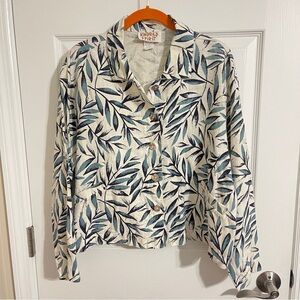 Vintage Linen Leaf Print Button Down Shirt Jacket - Blue and Cream